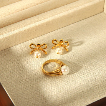 DAIIIBABYYY  -  Stylish 18K Gold Plated Stainless Steel Bowknot Imitation Pearl Drop Stud Earrings for Women Charm Bow Earring Party Gift